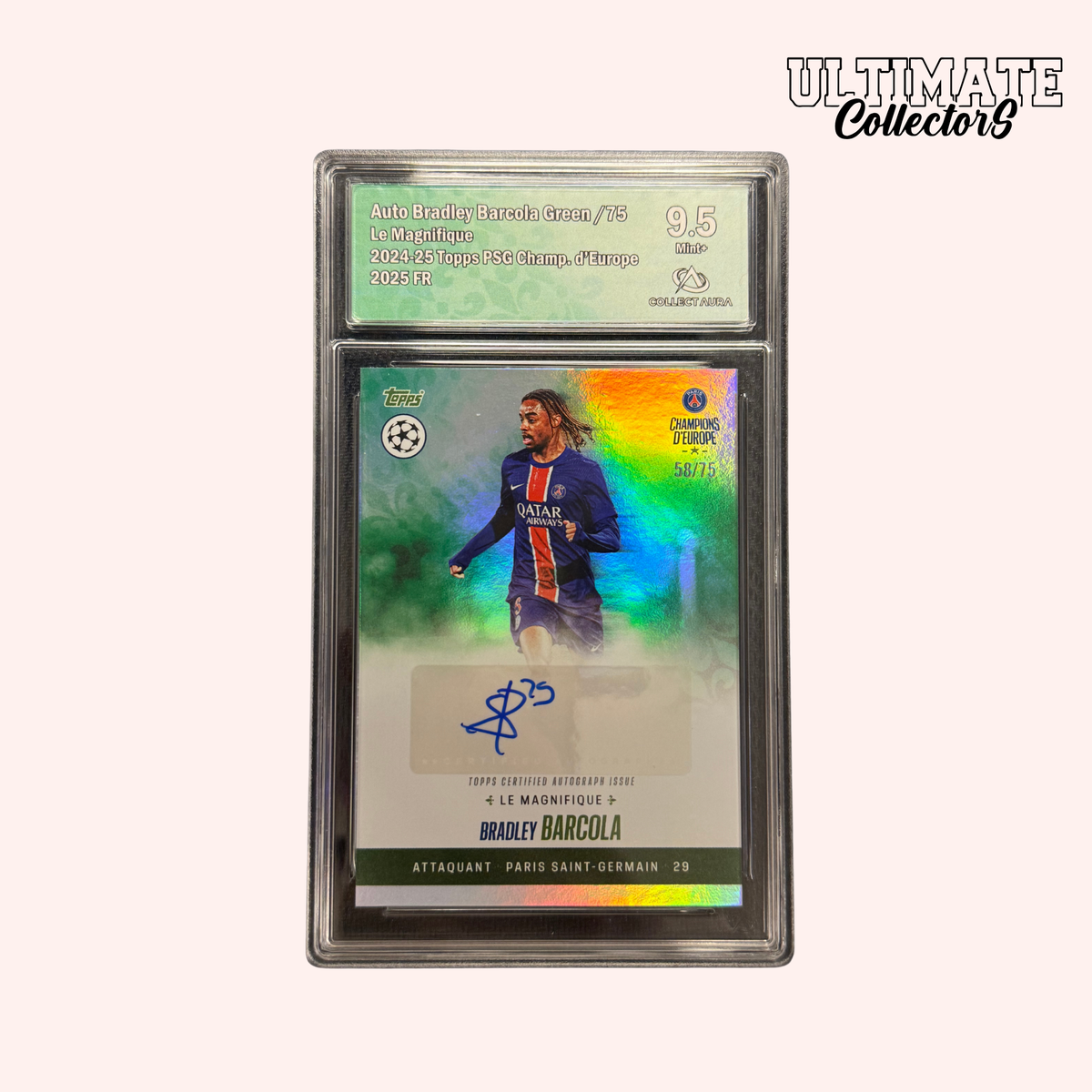 Carte Gradée Topps - PSG Champions d'Europe 2025 - Bradley Barcola - /75 Auto