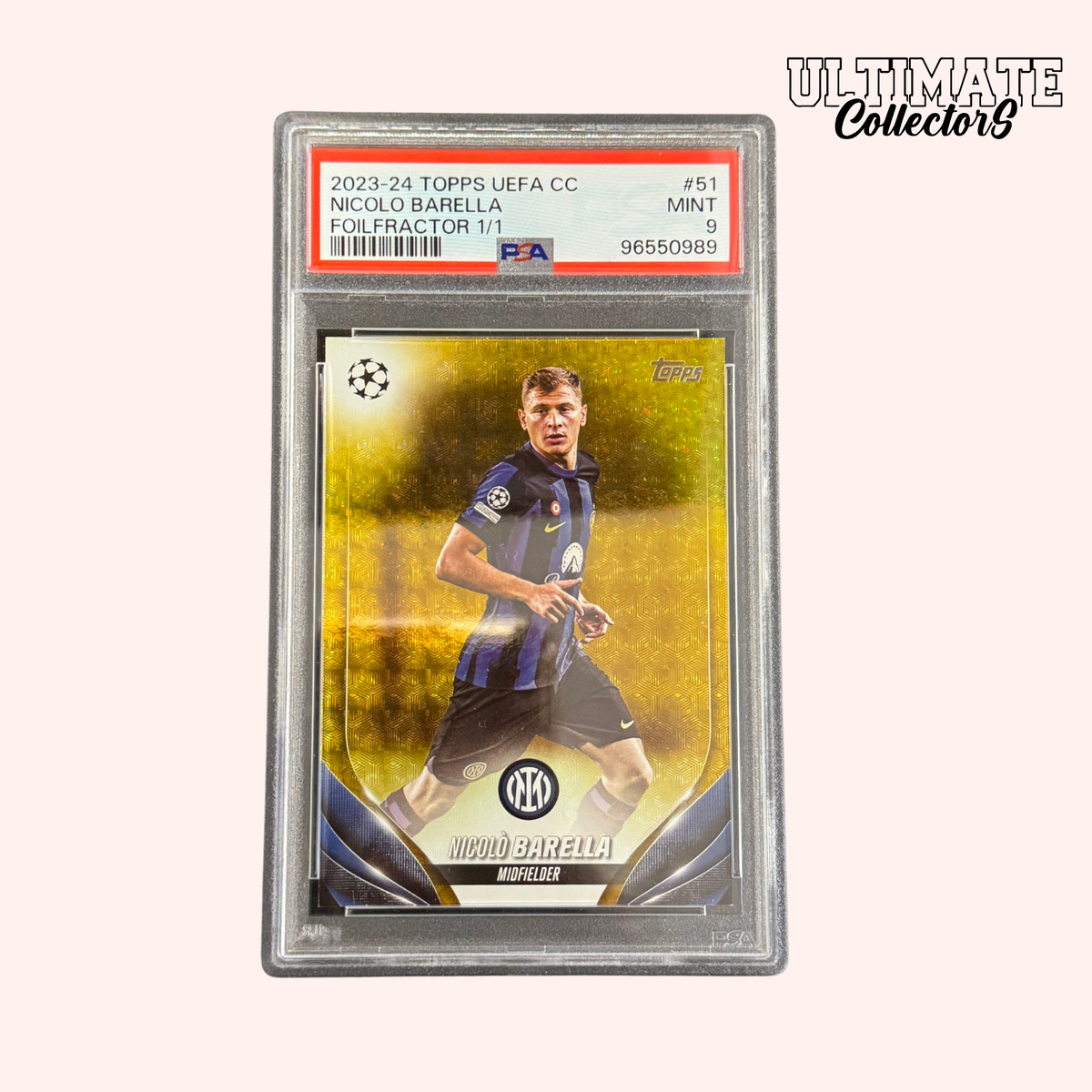 Carta Topps UCC Graded 2023/24 – Barella Foilfractor 1/1 – PSA 9