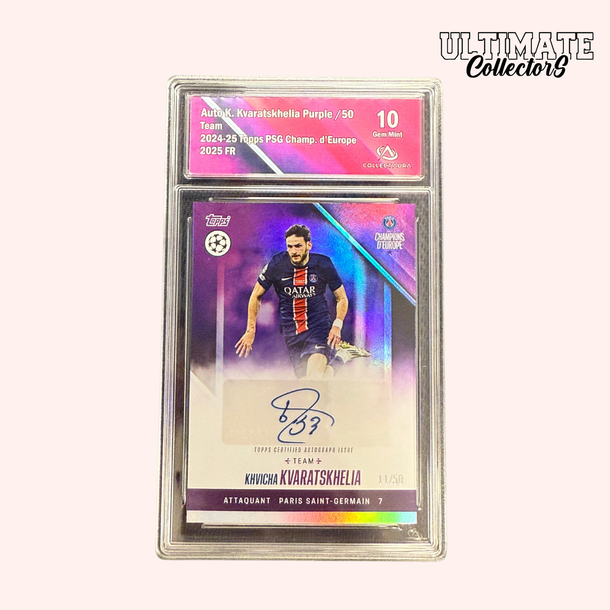 Carta Topps Graded - PSG Campioni d'Europa 2025 - Kvaratskhelia - Autografo - /50