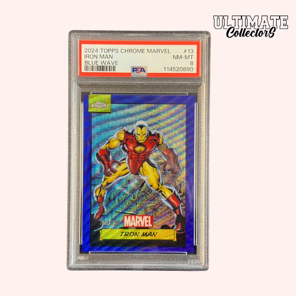 Carte Gradée Topps Chrome Marvel 2024 Iron Man Blue Wave /150 PSA 8