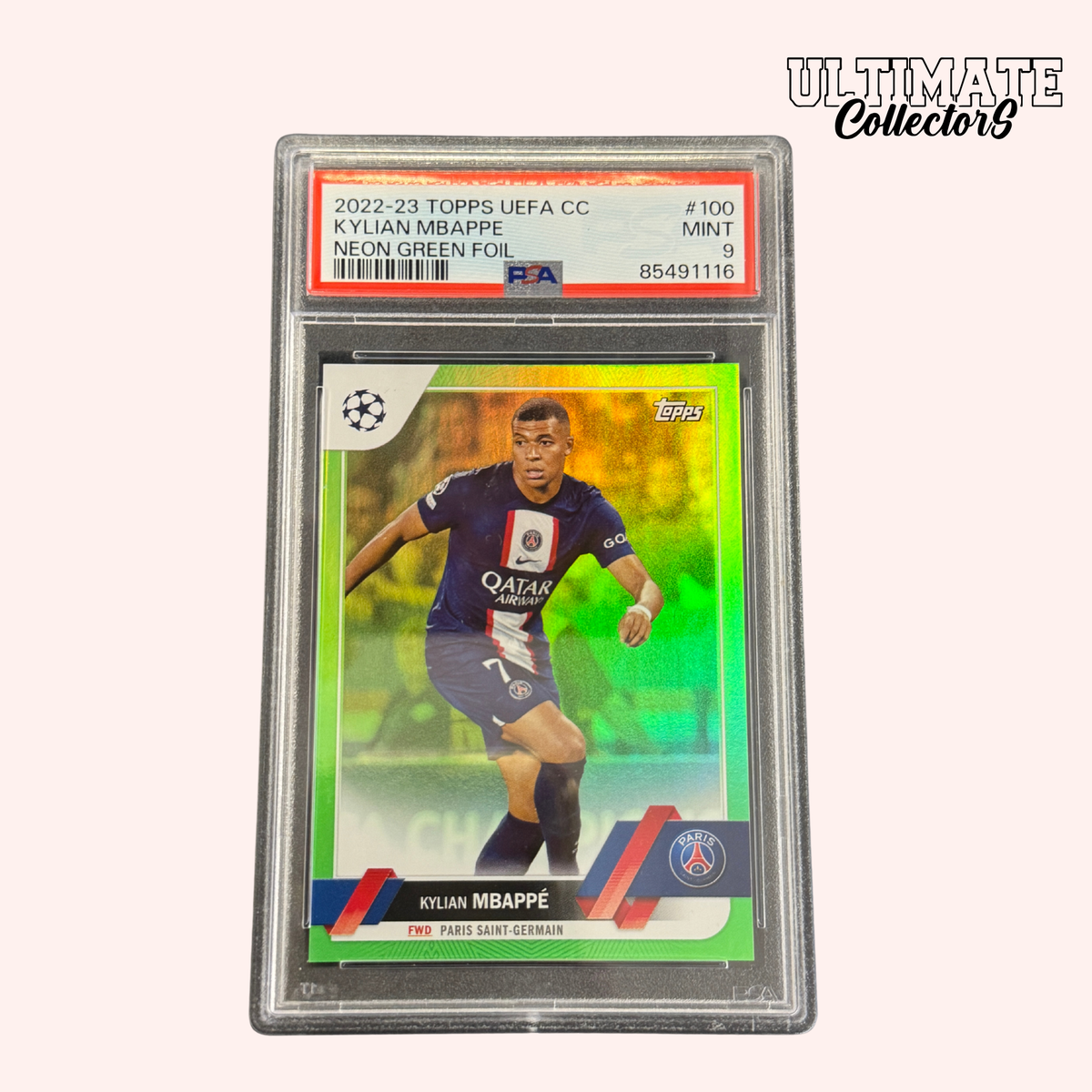 Carta Topps UCC 2022/23 con valutazione – Mbappé, lamina verde neon /199 – PSA 9 