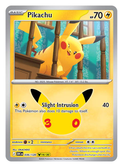 Carta Pikachu 036/128 del set Pokémon 30th Celebration, 30 anni del GCC
