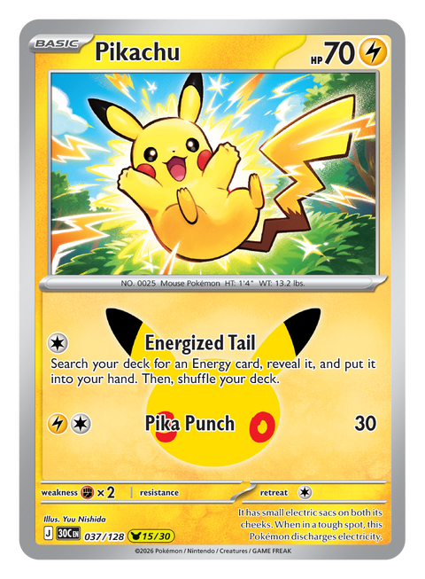 Carta Pikachu 037/128 del set Pokémon 30th Celebration, 30 anni del GCC
