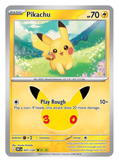Carta Pikachu 047/128 del set Pokémon 30th Celebration, 30 anni del GCC