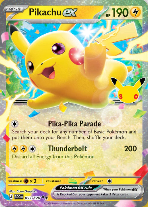 Carta Pikachu-ex 053/128 (versione giorno) del set Pokémon 30th Celebration, 30 anni del GCC