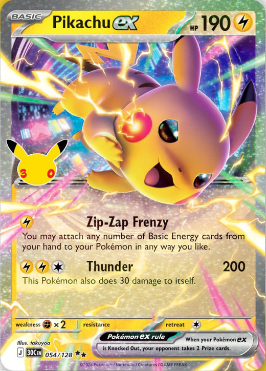 Carta Pikachu-ex 054/128 (versione notte) del set Pokémon 30th Celebration, 30 anni del GCC