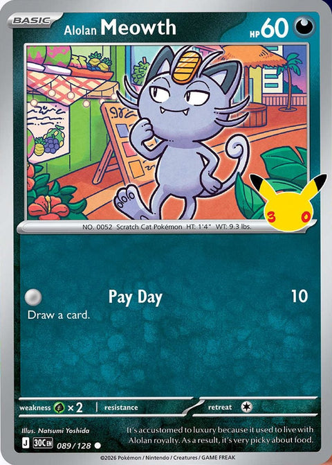 Carta Meowth di Alola 089/128 del set Pokémon 30th Celebration, 30 anni del GCC
