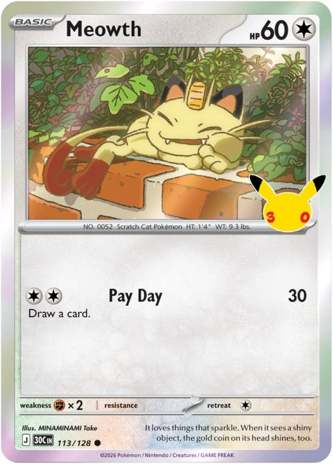 Carta Meowth 113/128 del set Pokémon 30th Celebration, 30 anni del GCC