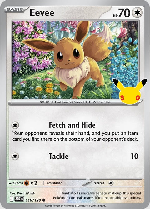 Carta Eevee 116/128 del set Pokémon 30th Celebration, 30 anni del GCC