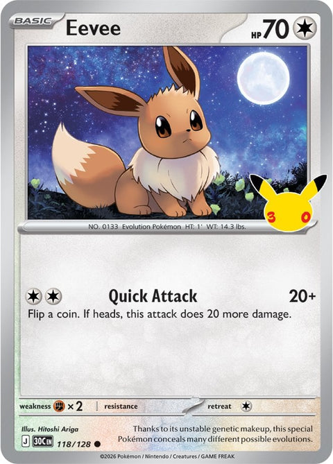 Carta Eevee 118/128 del set Pokémon 30th Celebration, 30 anni del GCC