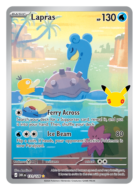 Carta Lapras IR · 131/128 (illustrazione rara) del set Pokémon 30th Celebration, 30 anni del GCC