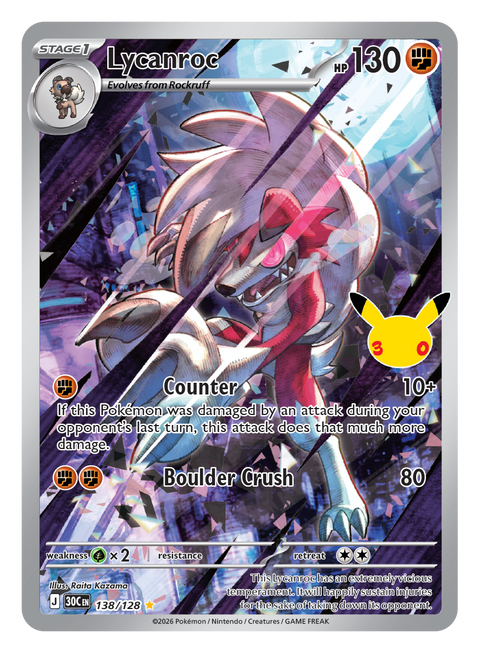 Carta Lycanroc IR · 138/128 (illustrazione rara) del set Pokémon 30th Celebration, 30 anni del GCC