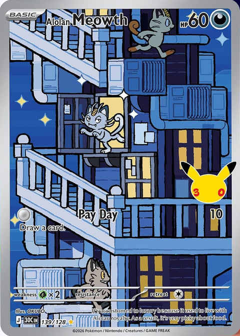 Carta Meowth di Alola IR · 139/128 (illustrazione rara) del set Pokémon 30th Celebration, 30 anni del GCC