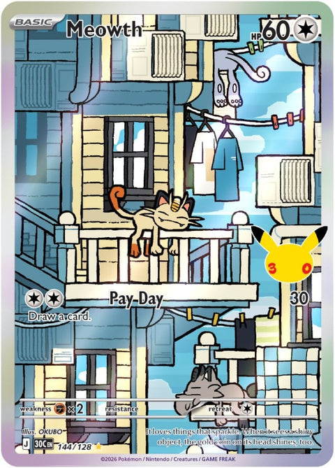 Carta Meowth IR · 144/128 (illustrazione rara) del set Pokémon 30th Celebration, 30 anni del GCC