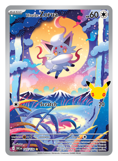 Carta Zorua di Hisui IR · 145/128 (illustrazione rara) del set Pokémon 30th Celebration, 30 anni del GCC