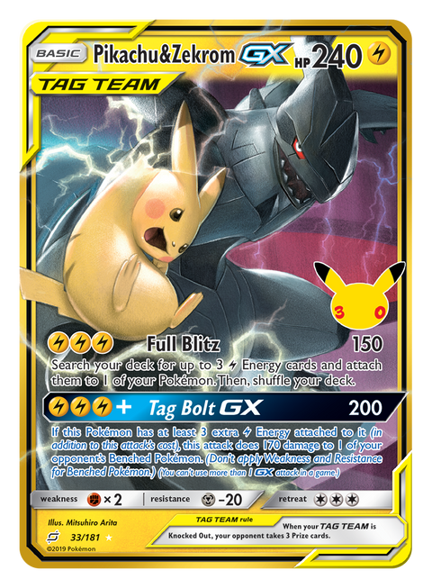 Carta Pikachu & Zekrom-GX Classic Collection (ristampa) del set Pokémon 30th Celebration, 30 anni del GCC
