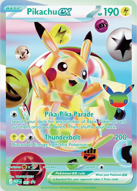 Carta Pikachu-ex (giorno) Promo · MEP 107 (promo cromata del box UPC Espeon) del set Pokémon 30th Celebration, 30 anni del GCC